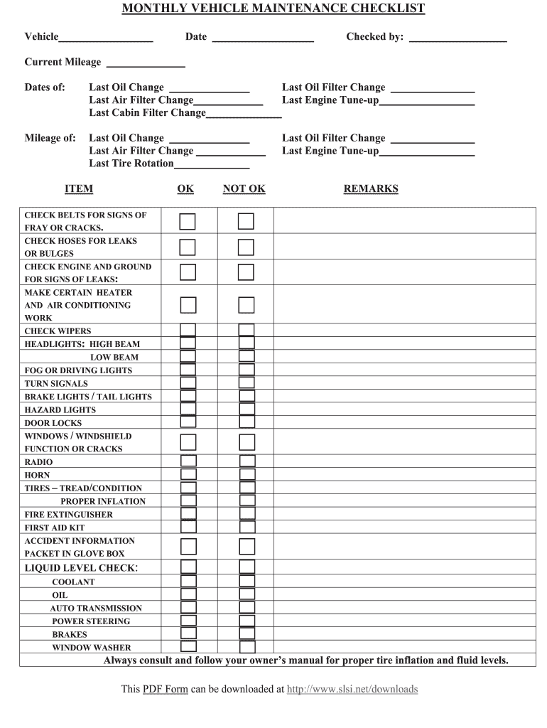 sample Truck Maintenance Checklist Template