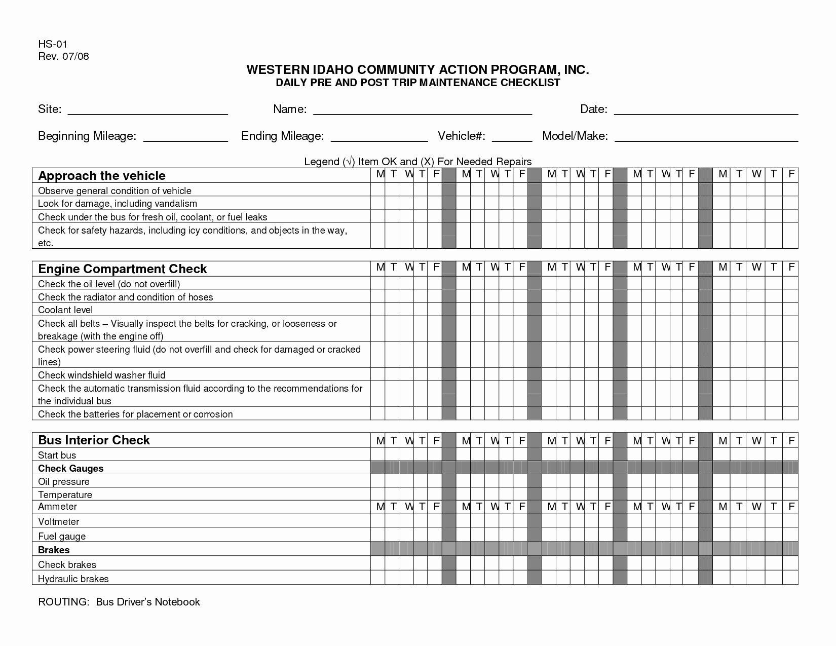 sample Truck Maintenance Checklist Template