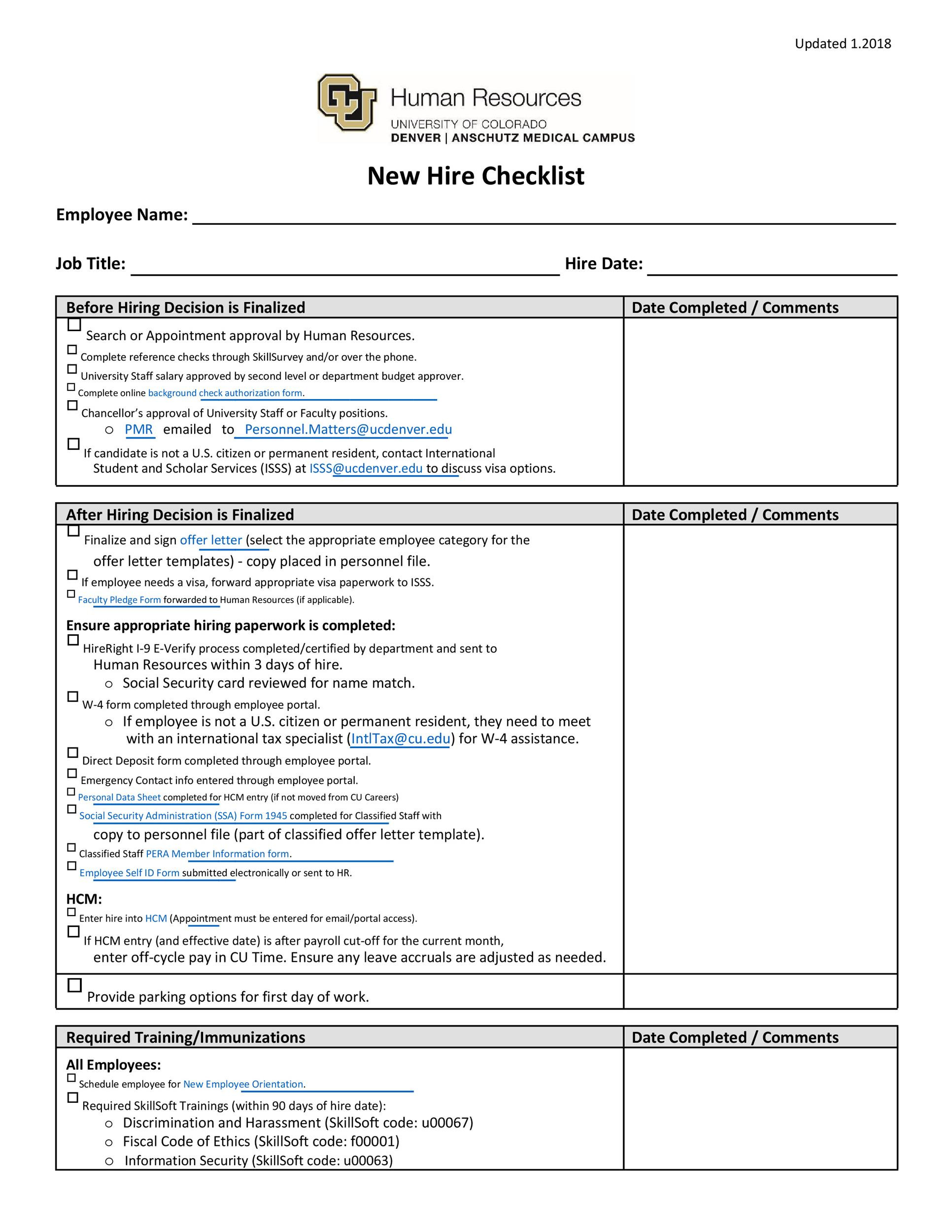 sample new hire employee checklist template