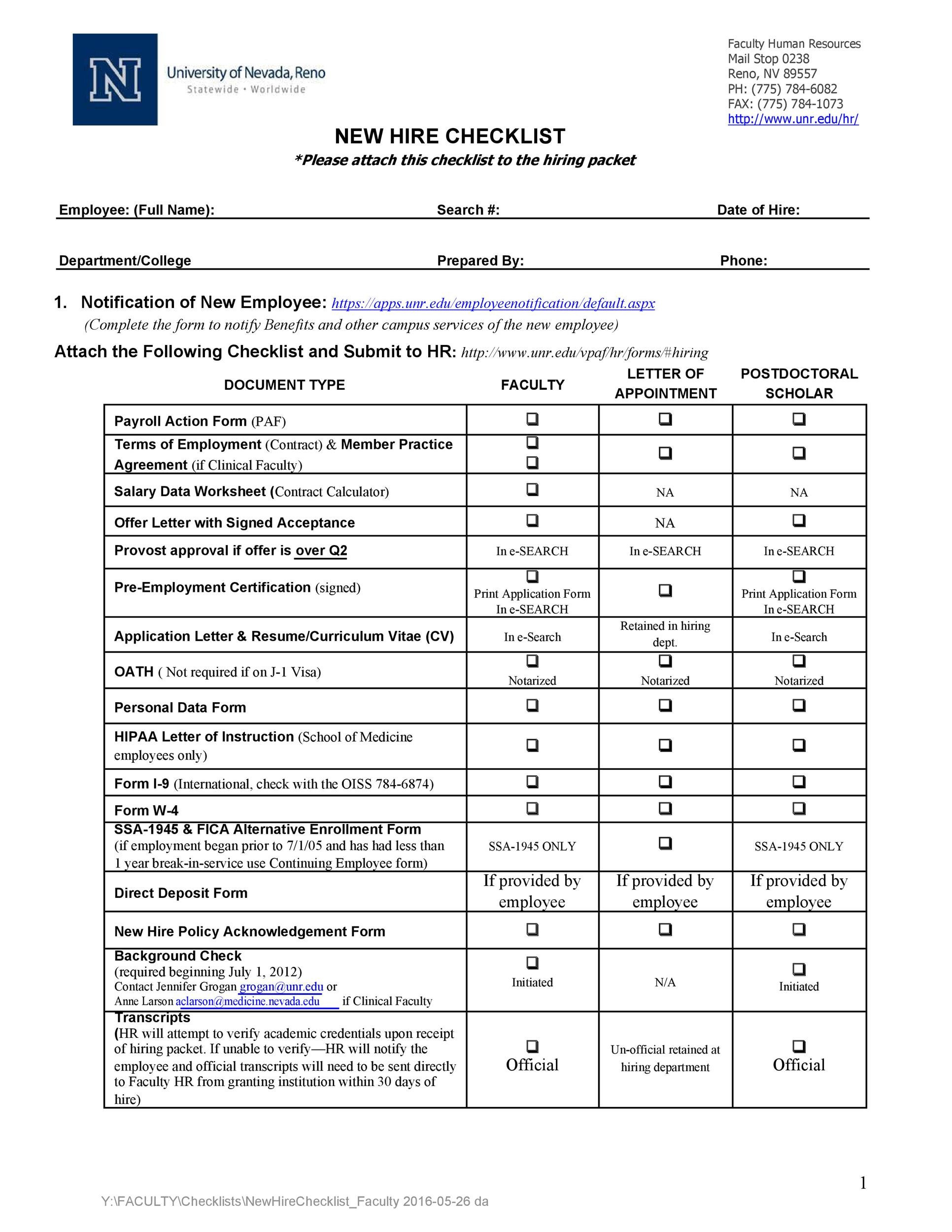 sample employment checklist template