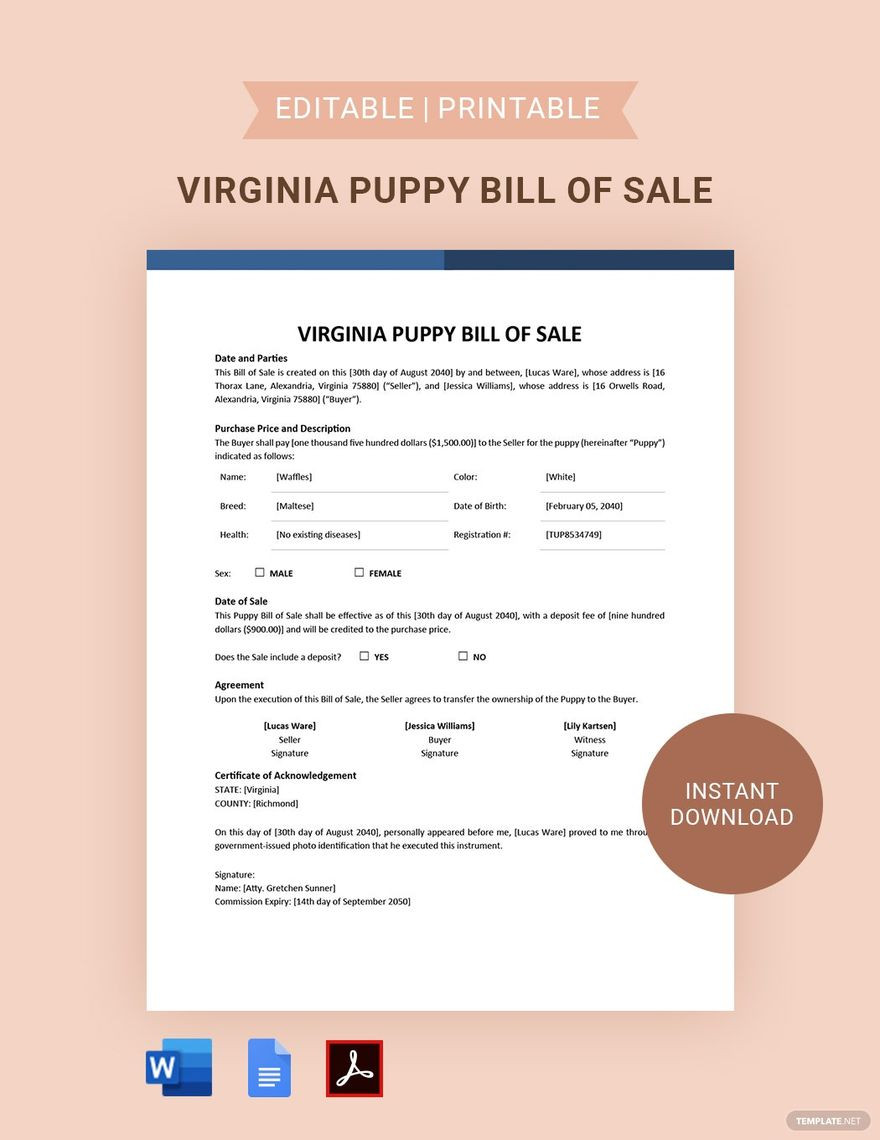 sample Dog/Puppy Bill of Sale Form