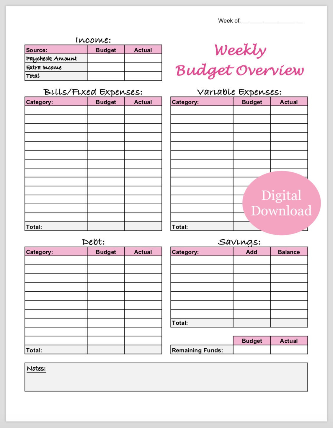 sample simple weekly budget template