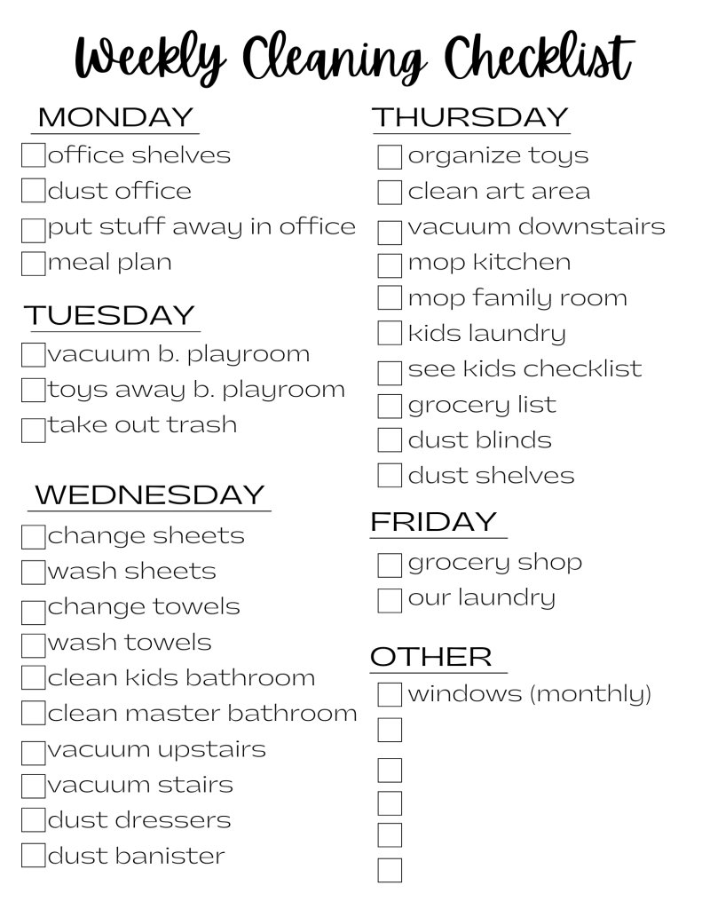 sample weekly cleaning chart template