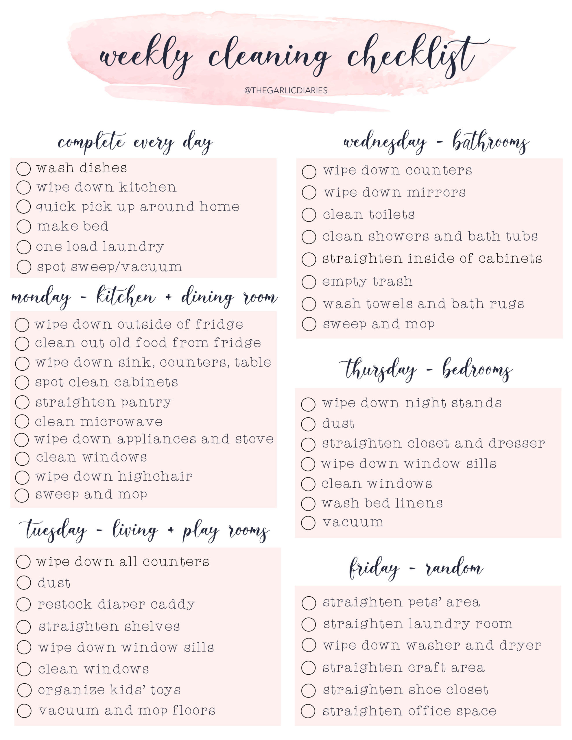 sample weekly cleaning chart template