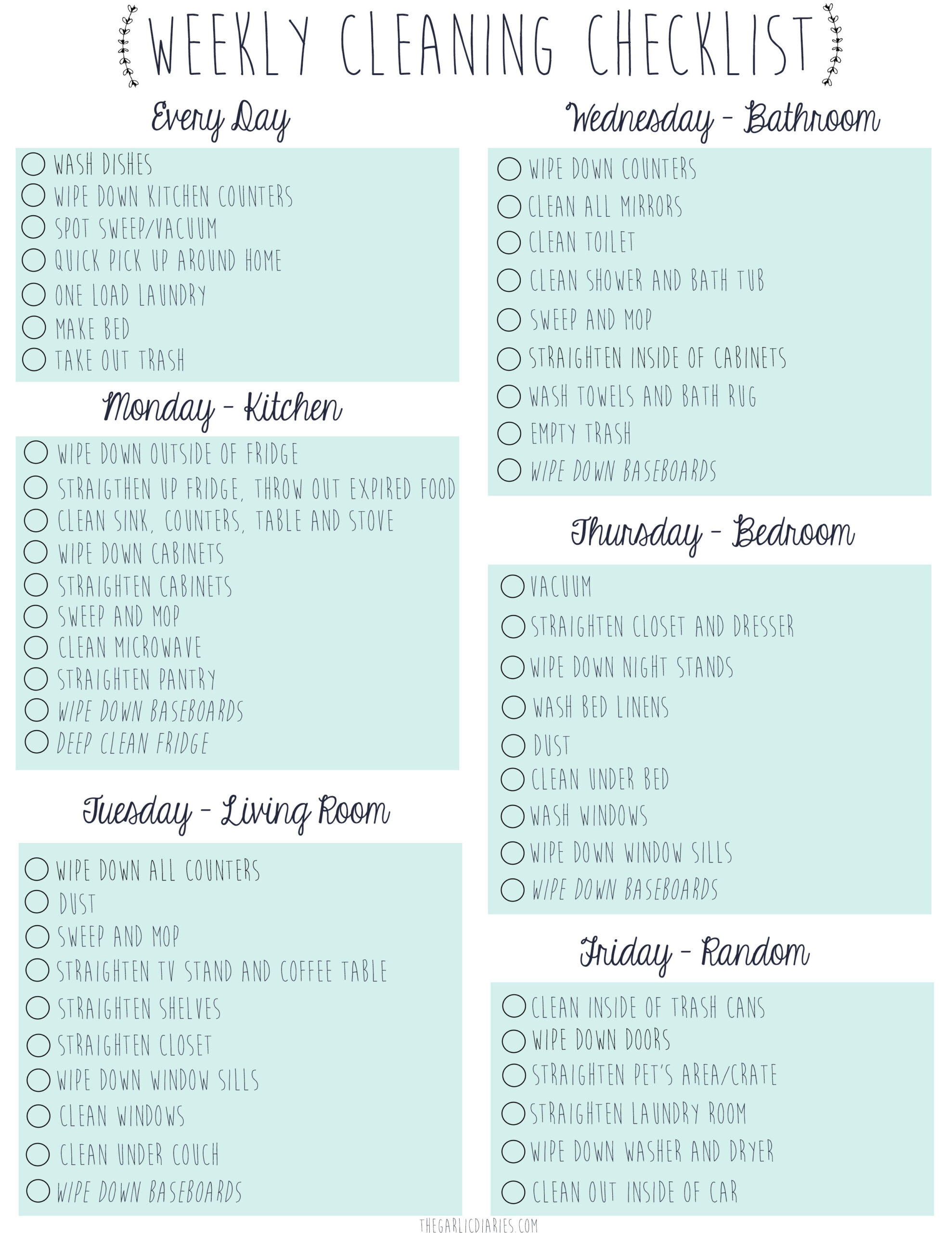 sample weekly cleaning chart template