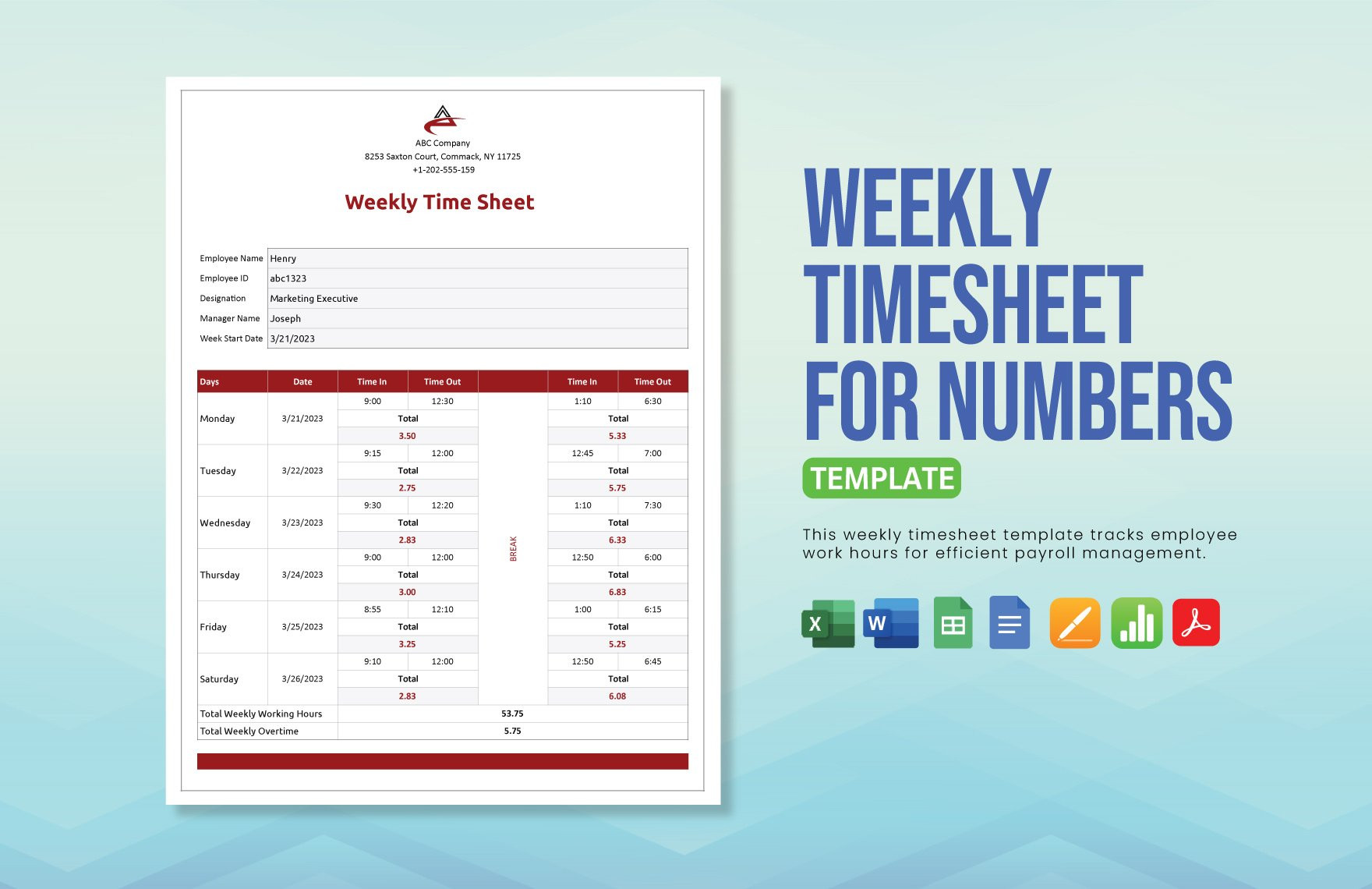 sample timesheet for numbers template