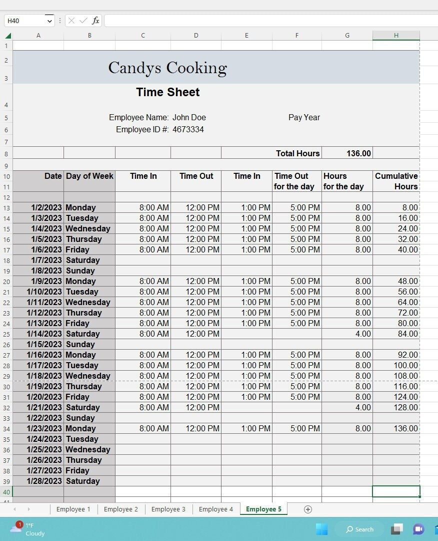 sample yearly timesheet template